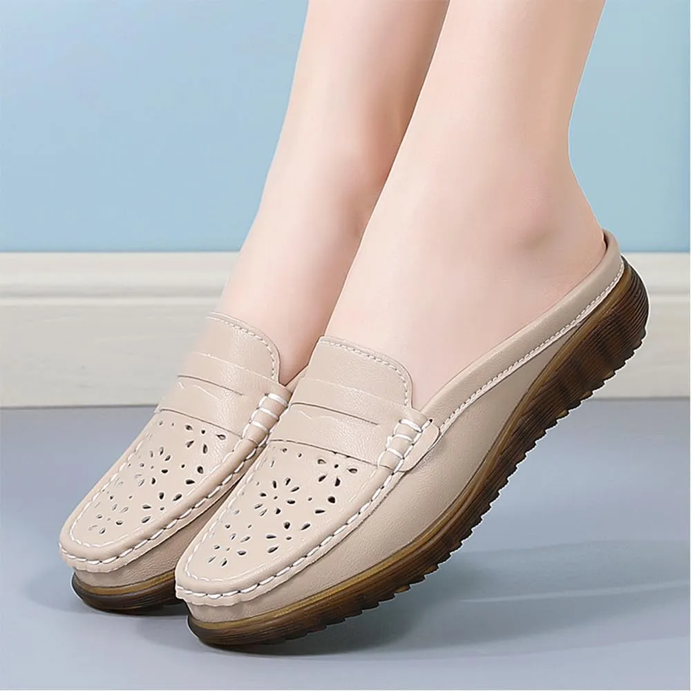 Women's Leather Closed Toe Clogs,Comfort Cutout Arch Support Softsole Slip-On Mules Loafers Slides