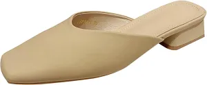 Women's Leather Low Heel Mules - Closed Square Toe Slip-On Slingback Slides - Comfort Casual, for Daily Wear Dress Occasions