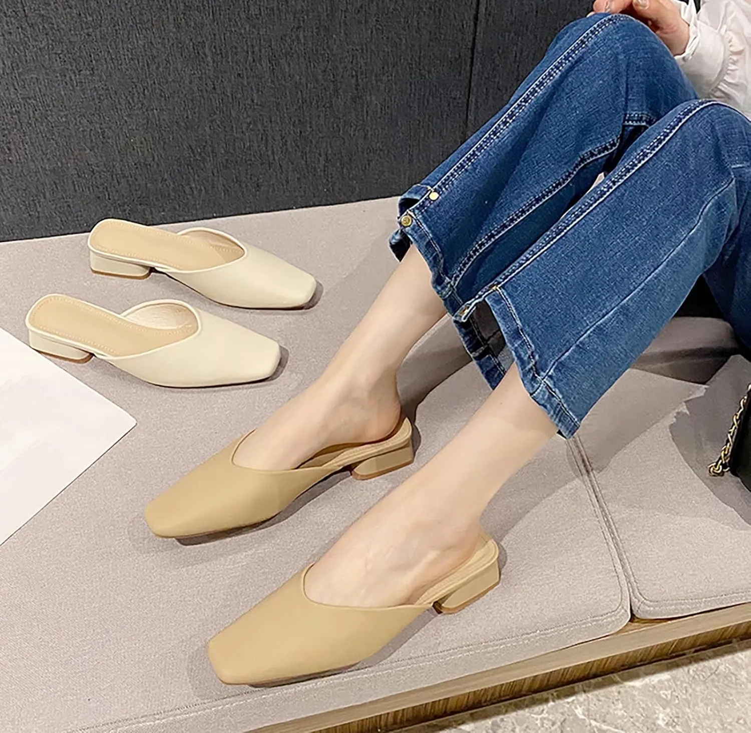 Women's Leather Low Heel Mules - Closed Square Toe Slip-On Slingback Slides - Comfort Casual, for Daily Wear Dress Occasions