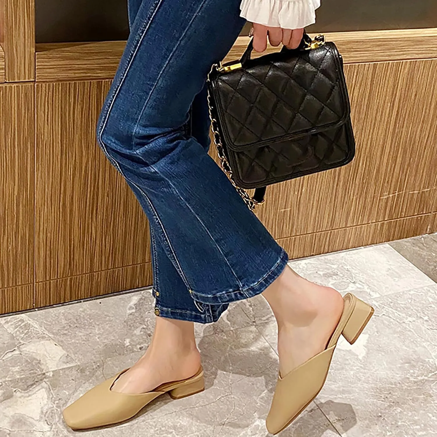 Women's Leather Low Heel Mules - Closed Square Toe Slip-On Slingback Slides - Comfort Casual, for Daily Wear Dress Occasions