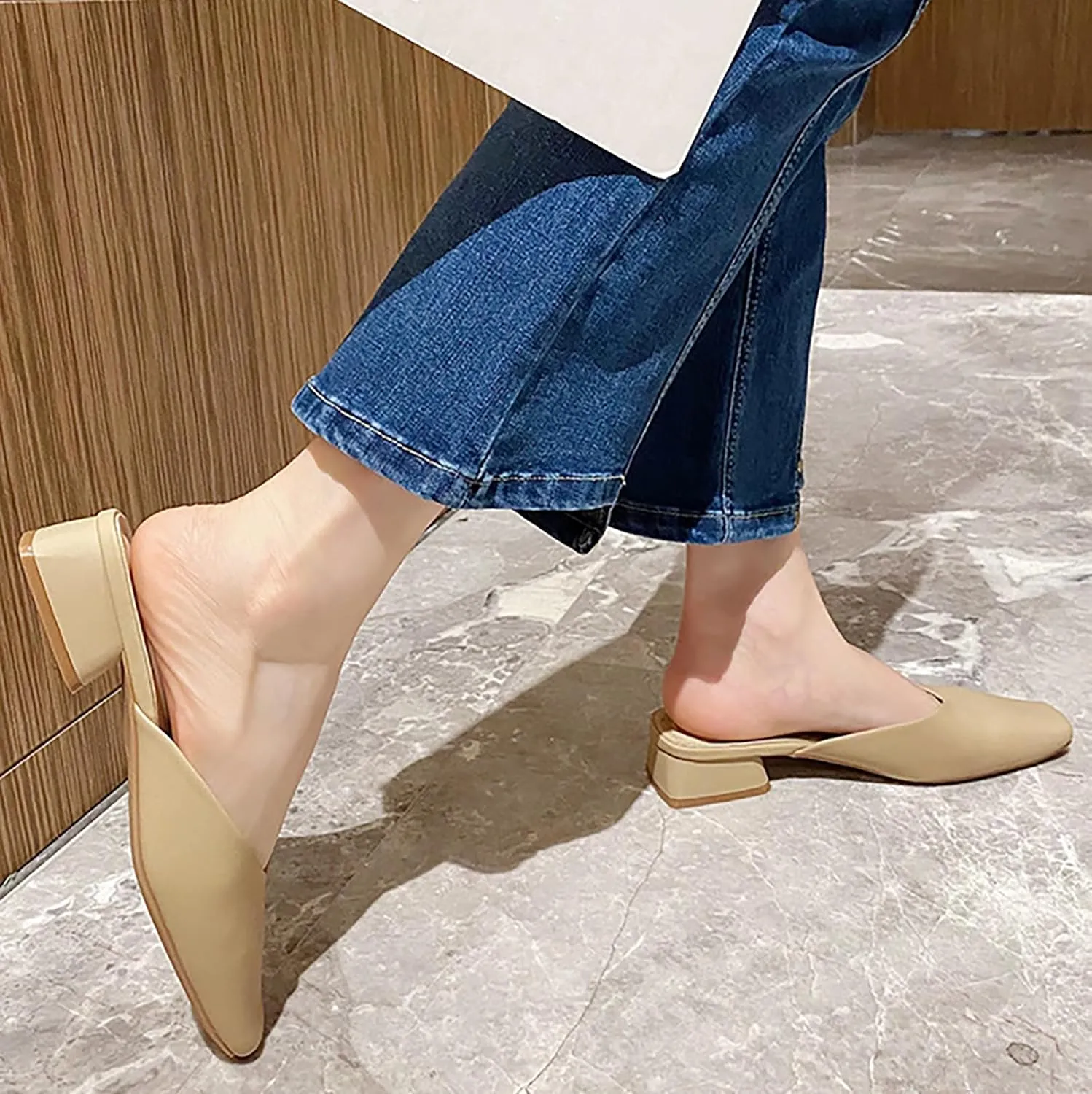 Women's Leather Low Heel Mules - Closed Square Toe Slip-On Slingback Slides - Comfort Casual, for Daily Wear Dress Occasions