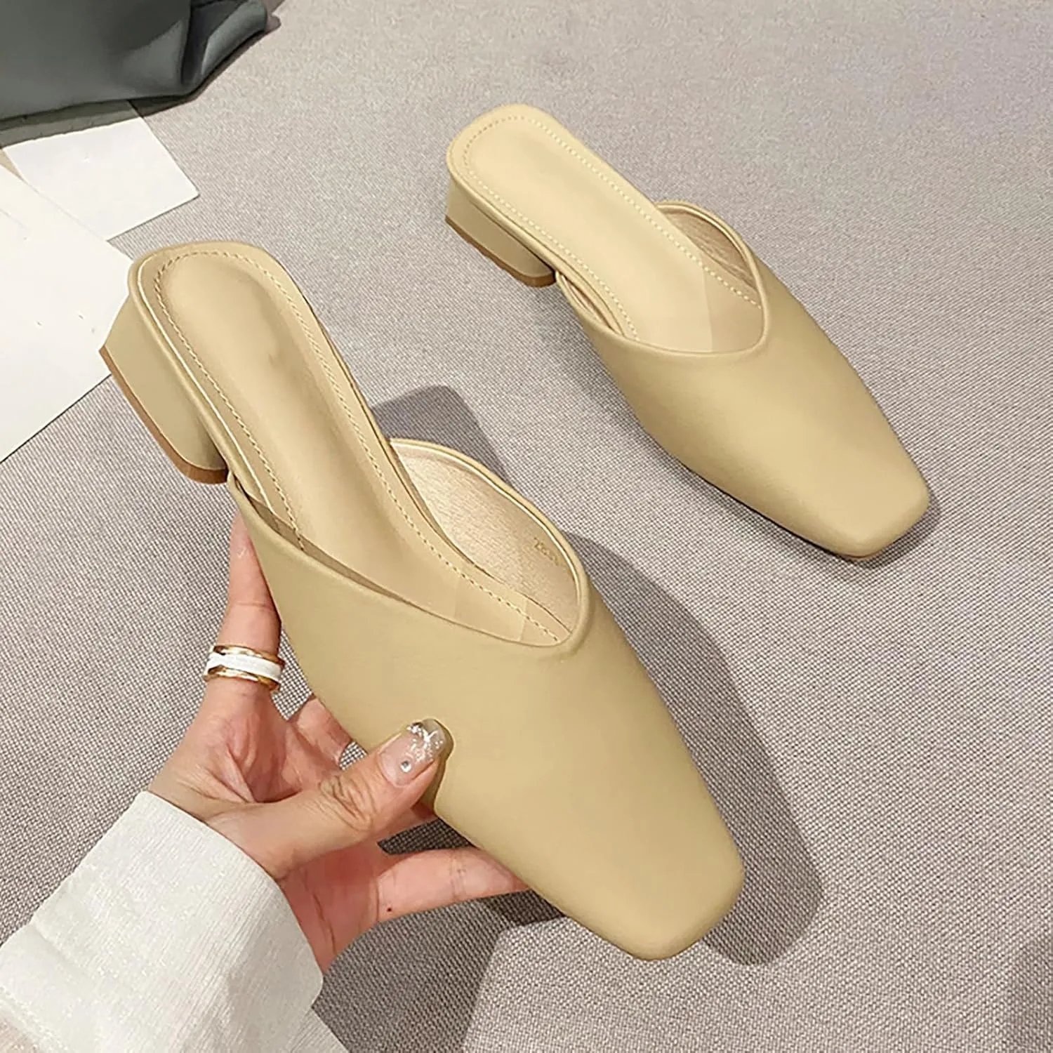 Women's Leather Low Heel Mules - Closed Square Toe Slip-On Slingback Slides - Comfort Casual, for Daily Wear Dress Occasions