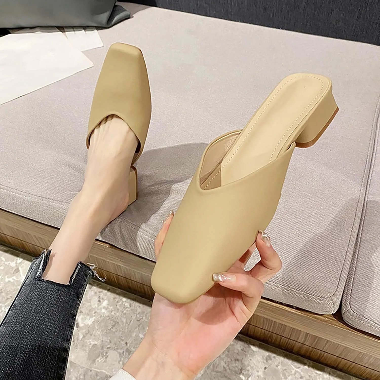 Women's Leather Low Heel Mules - Closed Square Toe Slip-On Slingback Slides - Comfort Casual, for Daily Wear Dress Occasions