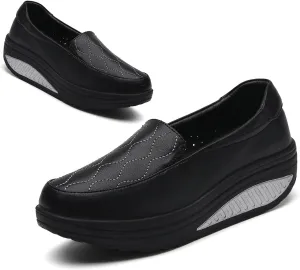 Women's Leather Platform Slip On Nurse Loafers Comfortable Lightweight Wedge Orthotic Sneakers Casual Rocker Shoes