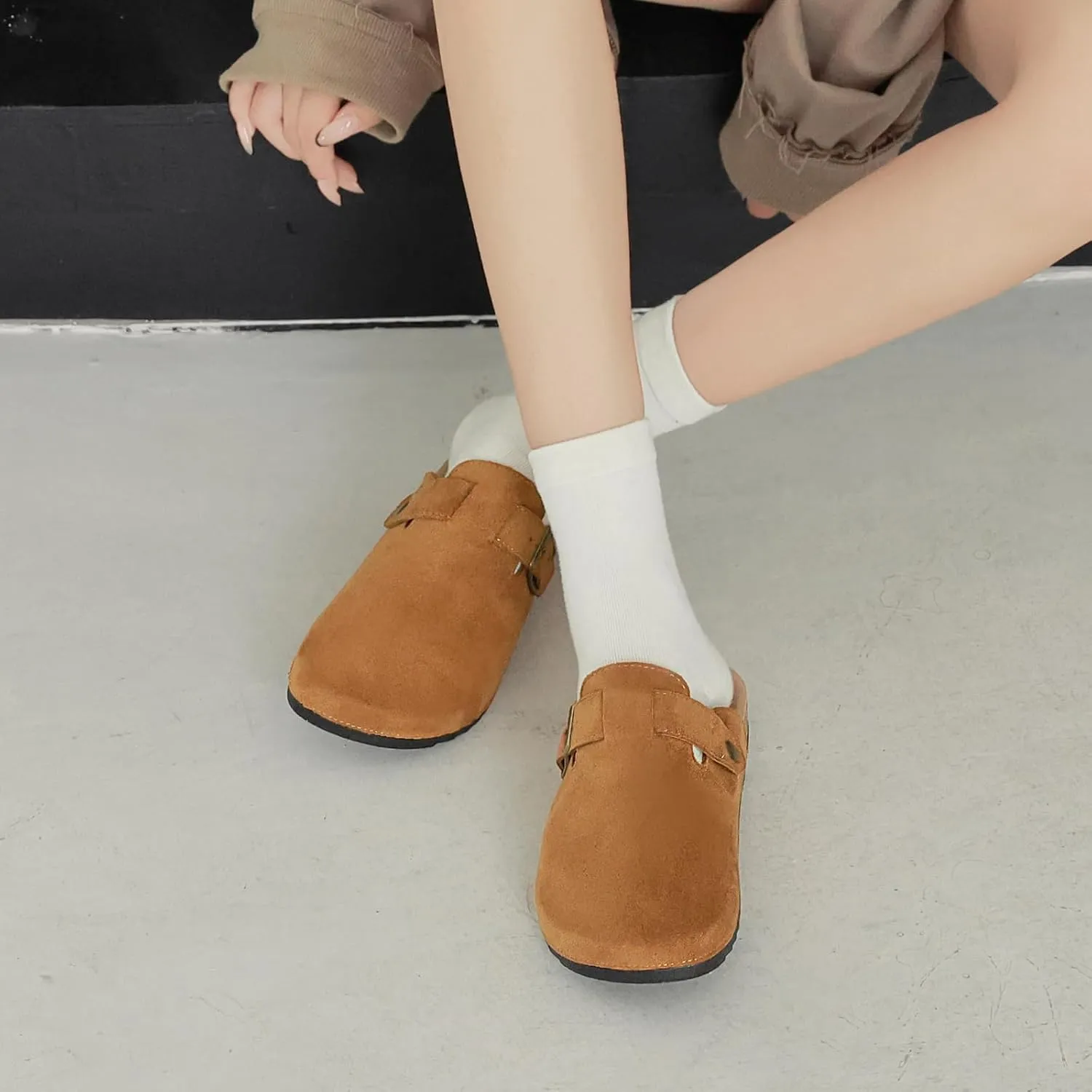 Womens Mens Suede Clogs Leather Mules with Adjustable Buckle Slip On Cork Footbed Sandals Arch Suppor Comfort Potato Shoes