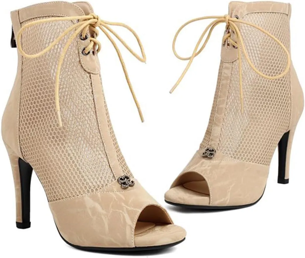 Women's Mesh Sandals Peep Toe High Top Sandals Lace Up Summer Open Toe Bootie