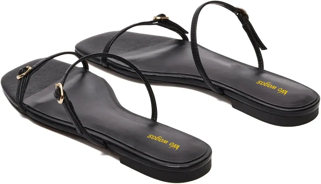 Women's Open Square Toe Flats Mules Slippers Dual Straps Slip On Slide Sandals Comfort Indoor Dress Shoes Size 4-16 US