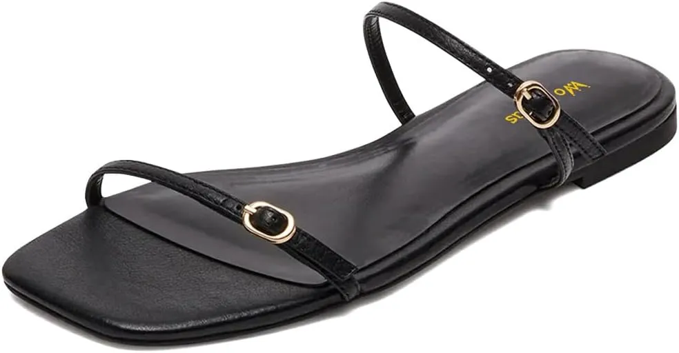 Women's Open Square Toe Flats Mules Slippers Dual Straps Slip On Slide Sandals Comfort Indoor Dress Shoes Size 4-16 US