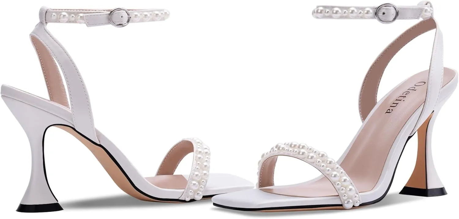 Women's Open Toe Strappy Sandals Pearl Ankle Strap Stiletto Heels Satin Wedding Bride Shoes