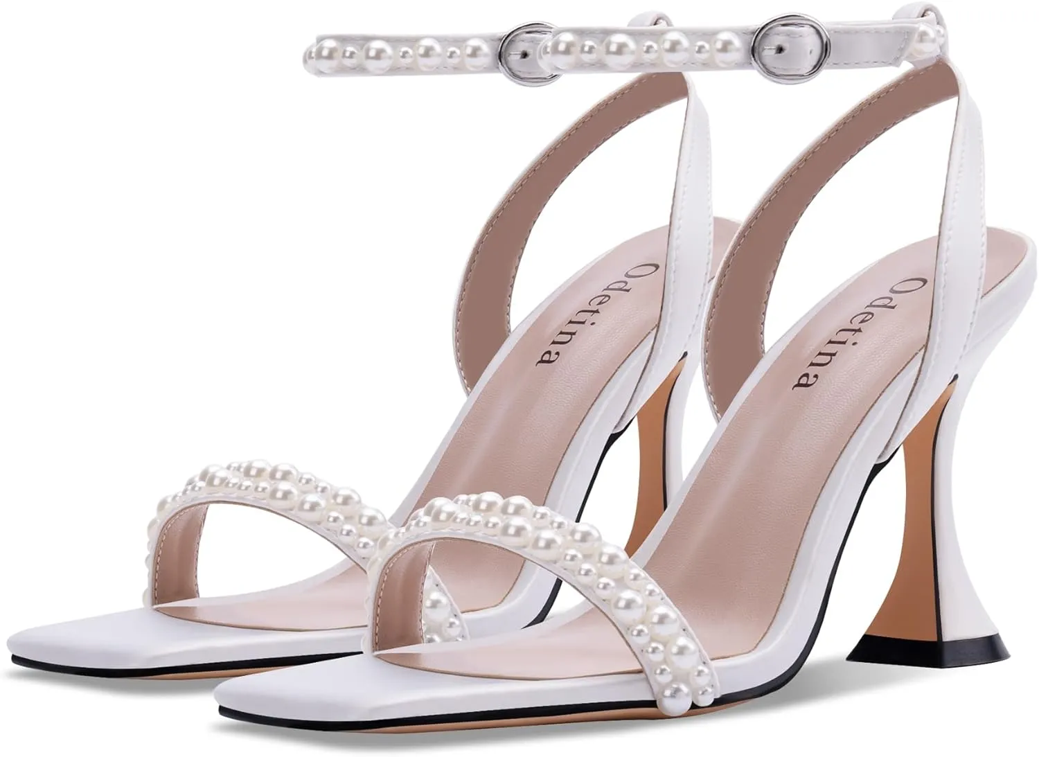 Women's Open Toe Strappy Sandals Pearl Ankle Strap Stiletto Heels Satin Wedding Bride Shoes