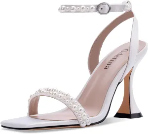 Women's Open Toe Strappy Sandals Pearl Ankle Strap Stiletto Heels Satin Wedding Bride Shoes