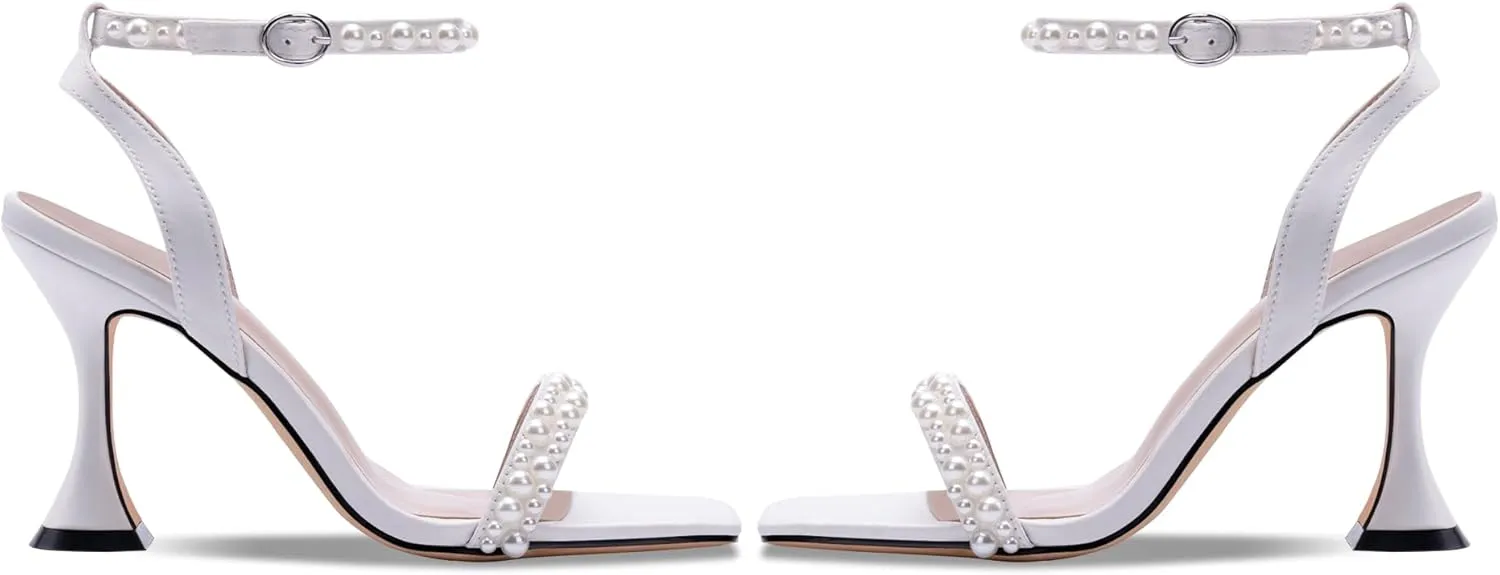 Women's Open Toe Strappy Sandals Pearl Ankle Strap Stiletto Heels Satin Wedding Bride Shoes