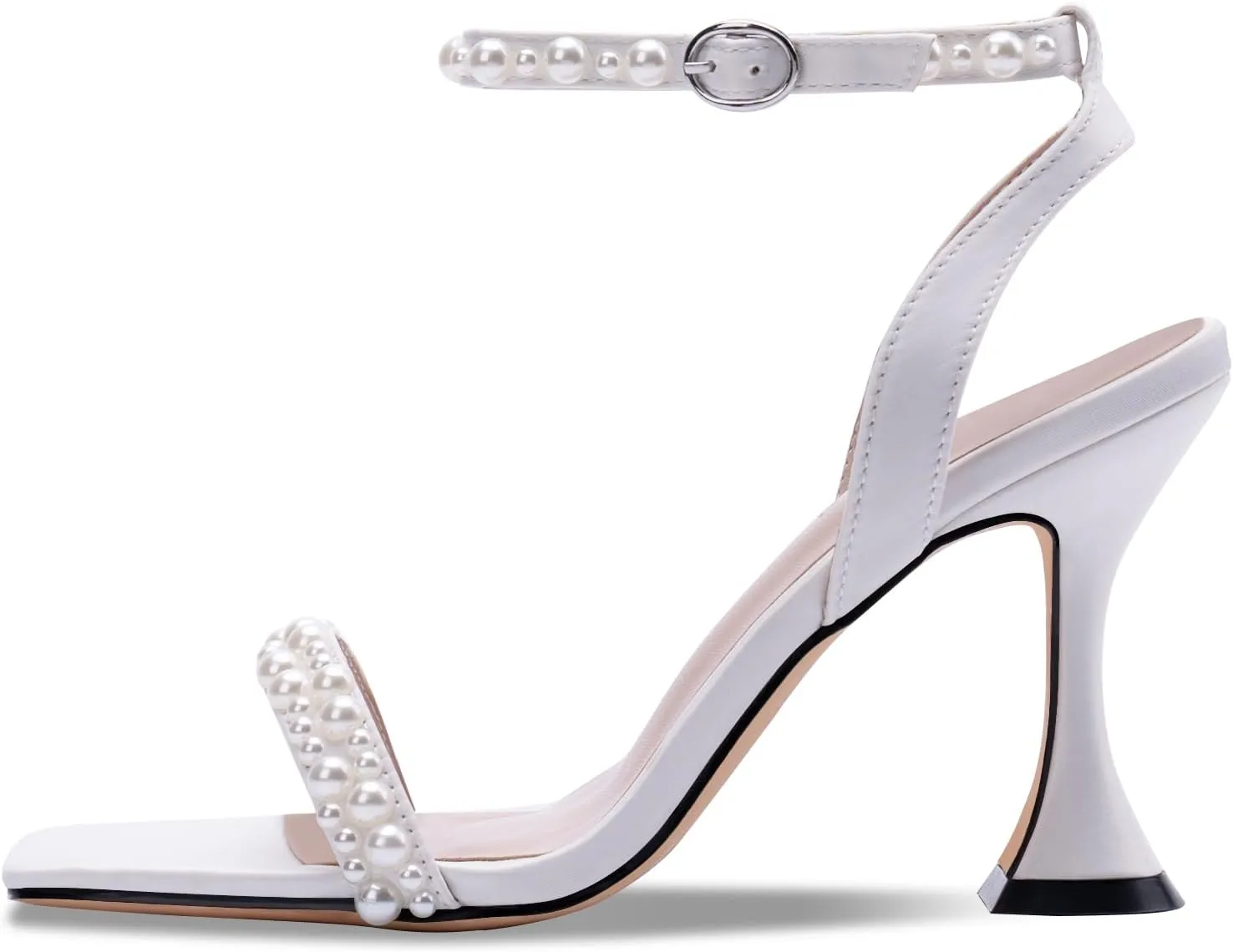 Women's Open Toe Strappy Sandals Pearl Ankle Strap Stiletto Heels Satin Wedding Bride Shoes