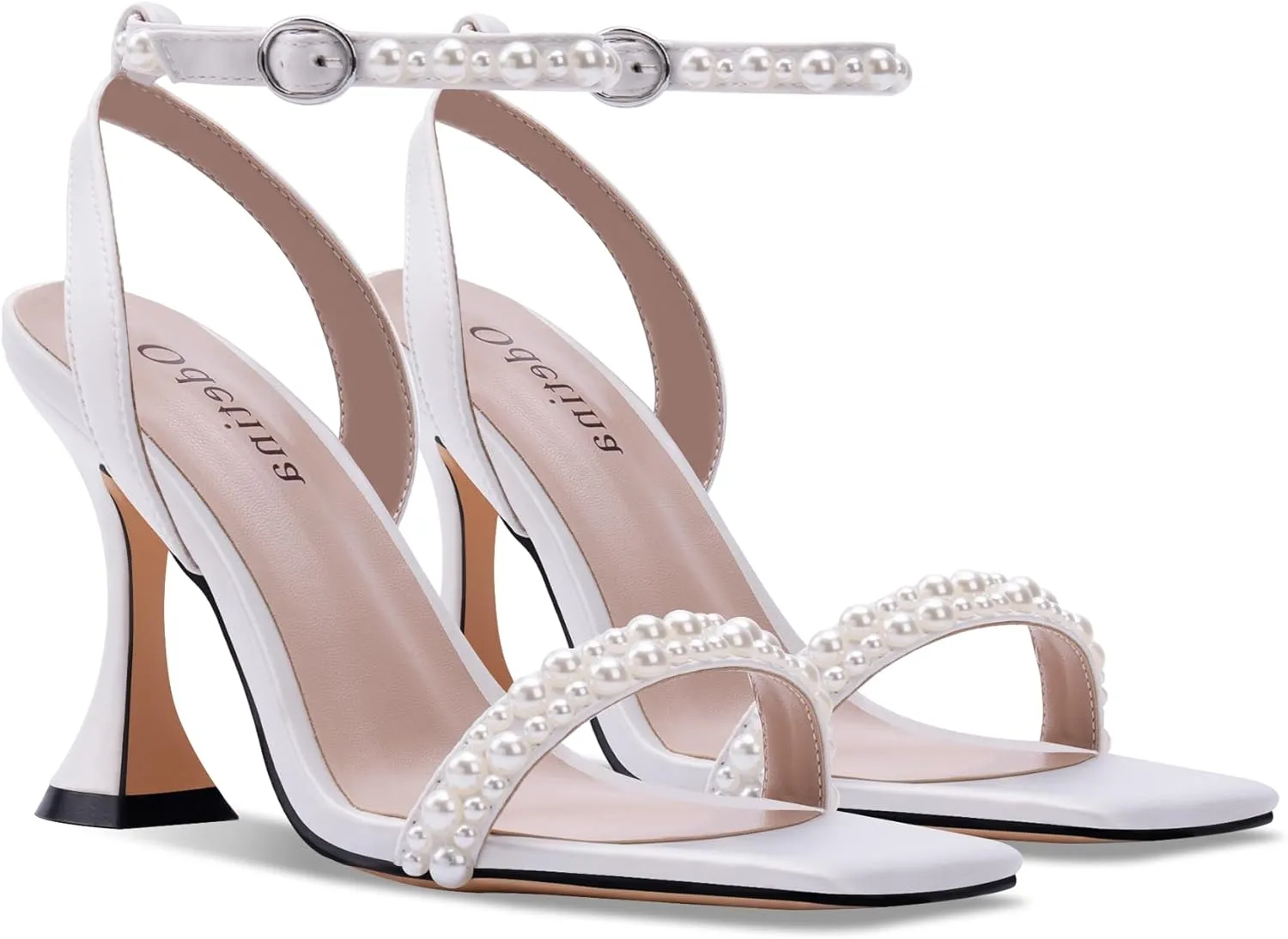 Women's Open Toe Strappy Sandals Pearl Ankle Strap Stiletto Heels Satin Wedding Bride Shoes