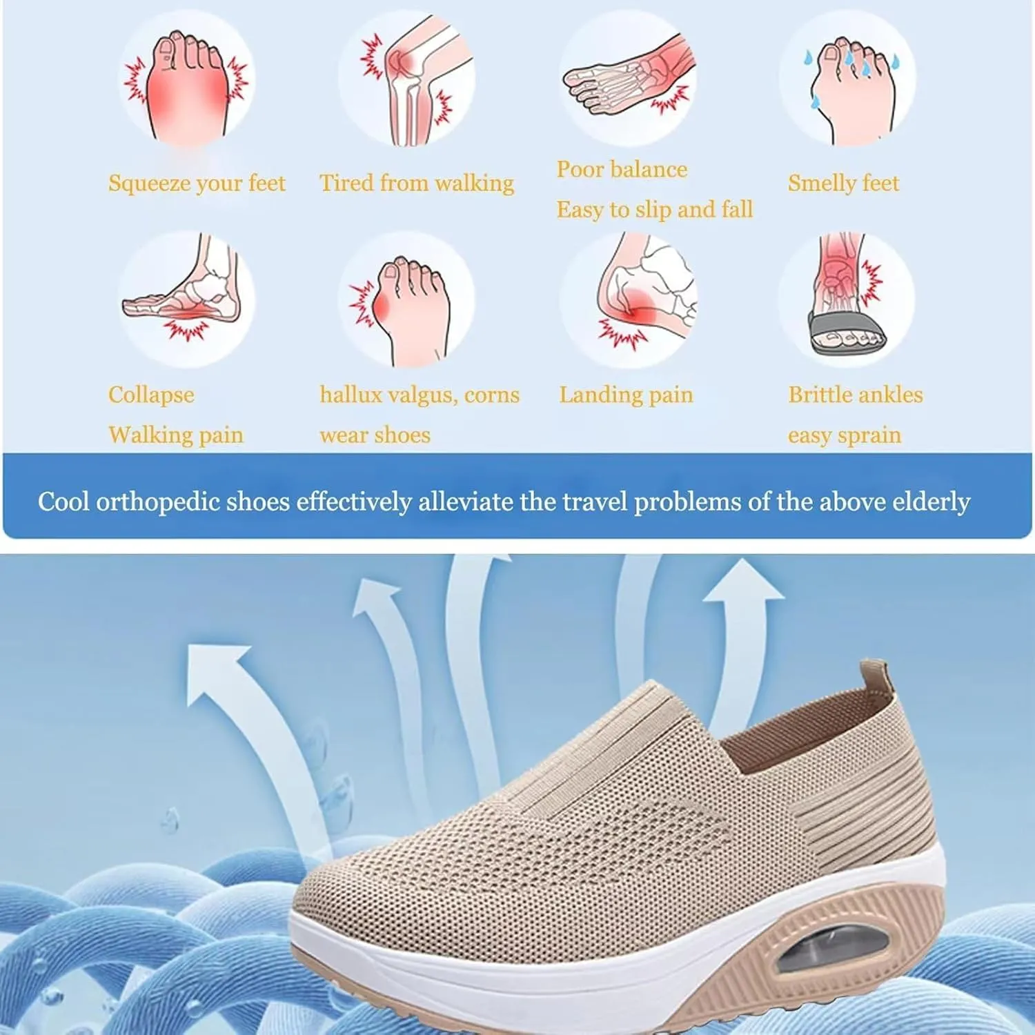 Women's Orthopedic Shoe Air Cushion Walking Shoes Casual Slip-on Platform Sneakers Mesh Breathable Arch Support Wedge Loafers