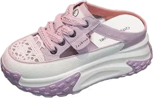 Women's Paneled Chunky Platform Slingback Mules Sneakers Hollow Out Lace-Up Lightweight Comfortable Slip-On Closed Toe Walking Sport Sandals Anti Slip Rubber Sole Clogs