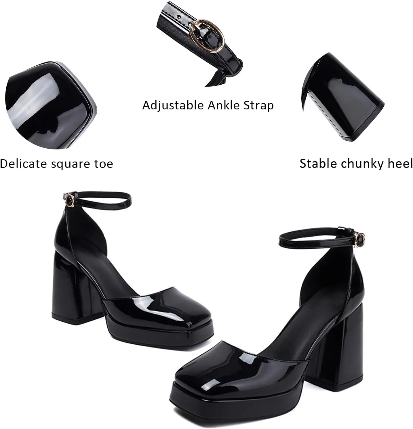 Women's Platform High Chunky Heel Square Toe Mary Jane Pumps With Adjustable Ankle Strap Fashion Patent Leather Comfortable Non-Slip Goth Heel Sandals for Party Dress Wedding