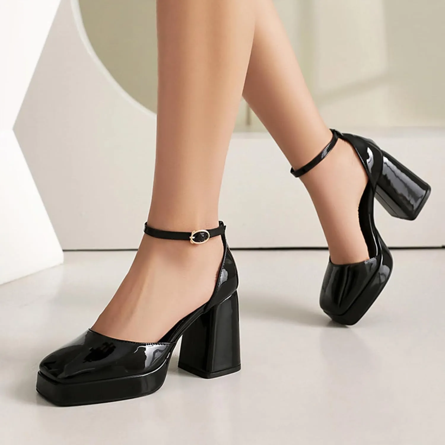 Women's Platform High Chunky Heel Square Toe Mary Jane Pumps With Adjustable Ankle Strap Fashion Patent Leather Comfortable Non-Slip Goth Heel Sandals for Party Dress Wedding