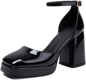 Women's Platform High Chunky Heel Square Toe Mary Jane Pumps With Adjustable Ankle Strap Fashion Patent Leather Comfortable Non-Slip Goth Heel Sandals for Party Dress Wedding