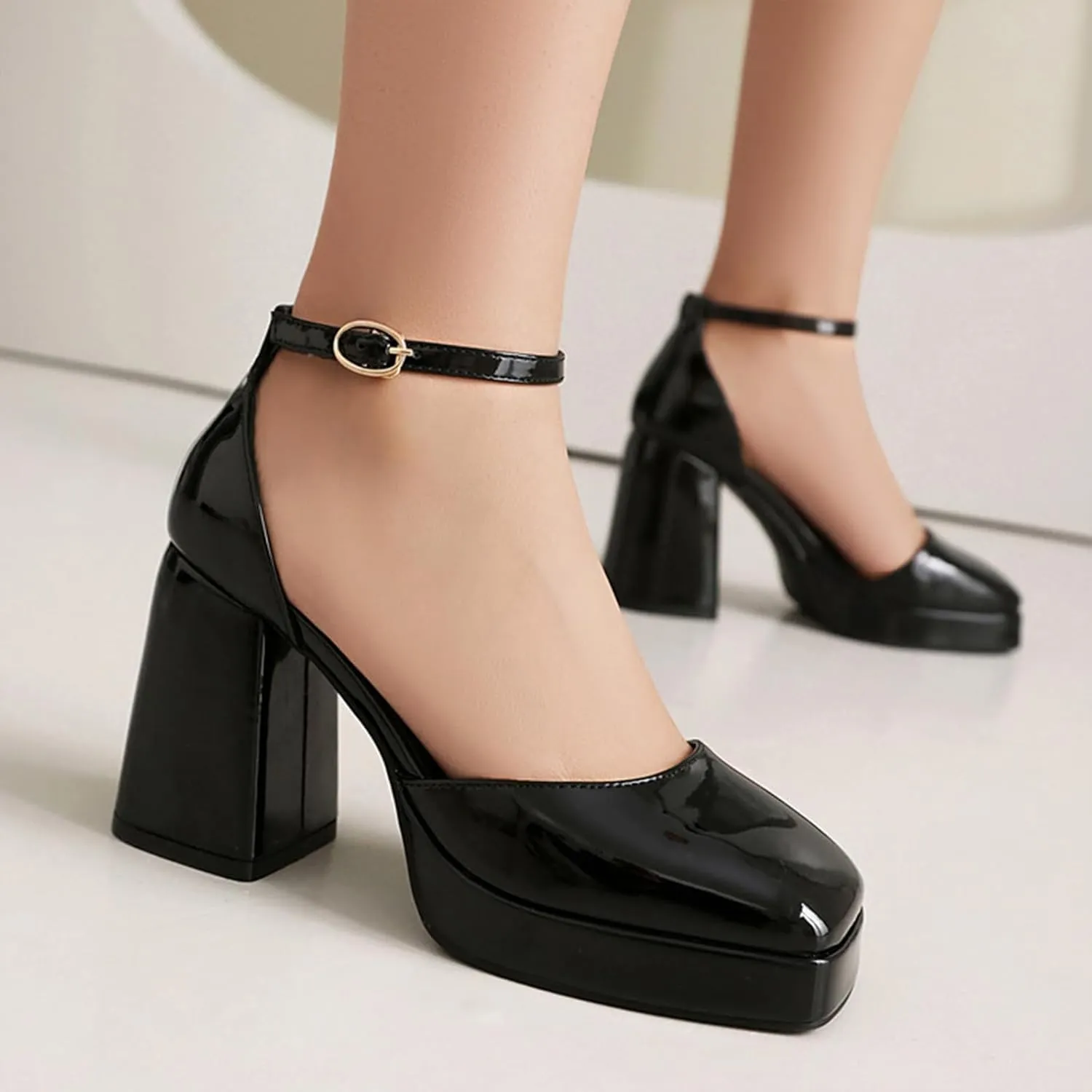 Women's Platform High Chunky Heel Square Toe Mary Jane Pumps With Adjustable Ankle Strap Fashion Patent Leather Comfortable Non-Slip Goth Heel Sandals for Party Dress Wedding