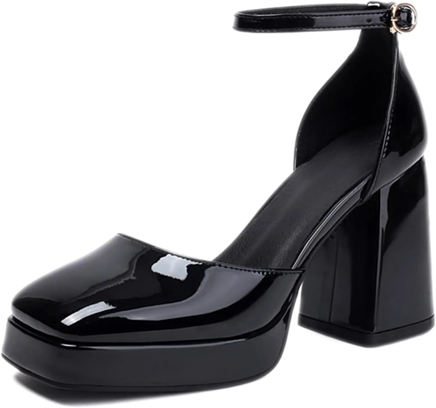 Women's Platform High Chunky Heel Square Toe Mary Jane Pumps With Adjustable Ankle Strap Fashion Patent Leather Comfortable Non-Slip Goth Heel Sandals for Party Dress Wedding