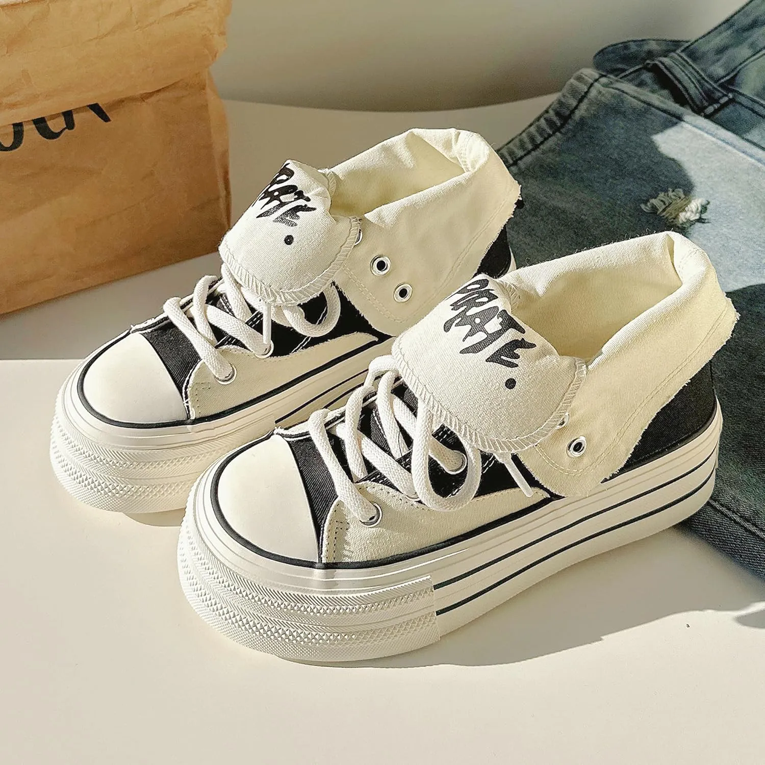 Women's Platform High-Top Canvas Sneakers, Y2K Low-Top Chunky Shoes Casual Walking & Streetwear