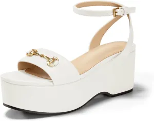 Womens Platform Sandals Chunky Wedges Heels Open Toe Ankle Strap Summer Dress Shoes with Metal Buckle