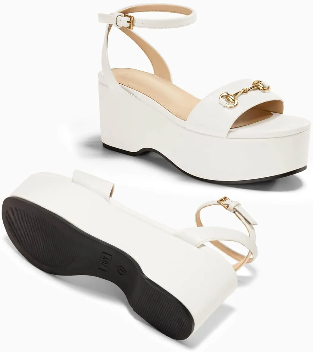 Womens Platform Sandals Chunky Wedges Heels Open Toe Ankle Strap Summer Dress Shoes with Metal Buckle