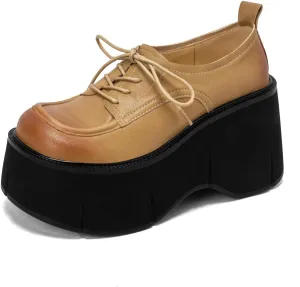 Women's Retro Gradient Platform Round Closed Toe Pumps Lace Up Chunky High Heeled Loafers Office Work Casual Fashion Student Dress Shoes All Weather Daily Wear Concise Wedges