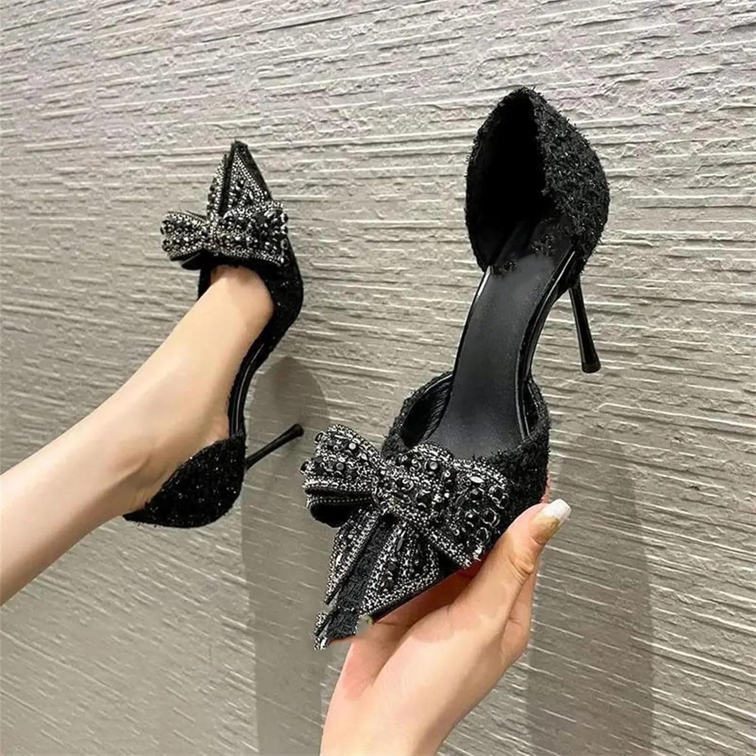 Women's Rhinestone Bowknot Pearl Gold High Heels Pointed Closed Toe Silver Pumps Sandals Bridal Party Wedding Shoes