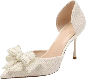 Women's Rhinestone Bowknot Pearl Gold High Heels Pointed Closed Toe Silver Pumps Sandals Bridal Party Wedding Shoes
