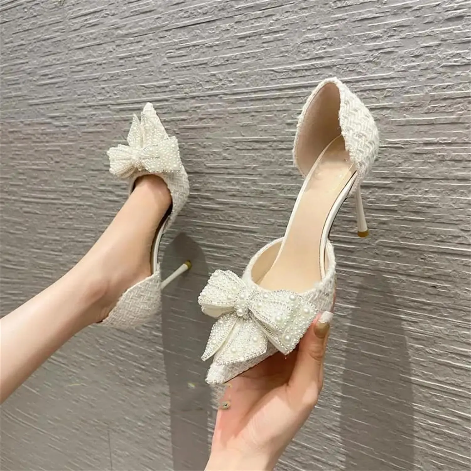 Women's Rhinestone Bowknot Pearl Gold High Heels Pointed Closed Toe Silver Pumps Sandals Bridal Party Wedding Shoes