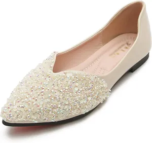Women's Rhinestone Pointed Toe Ballet Flats Dress Shoes,Comfortable Soft Memory Foam Slip-On Low Heel Loafers Sparkly Party Wedding Flat Shoes