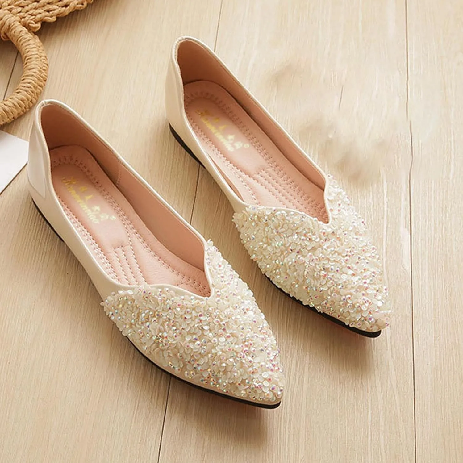 Women's Rhinestone Pointed Toe Ballet Flats Dress Shoes,Comfortable Soft Memory Foam Slip-On Low Heel Loafers Sparkly Party Wedding Flat Shoes