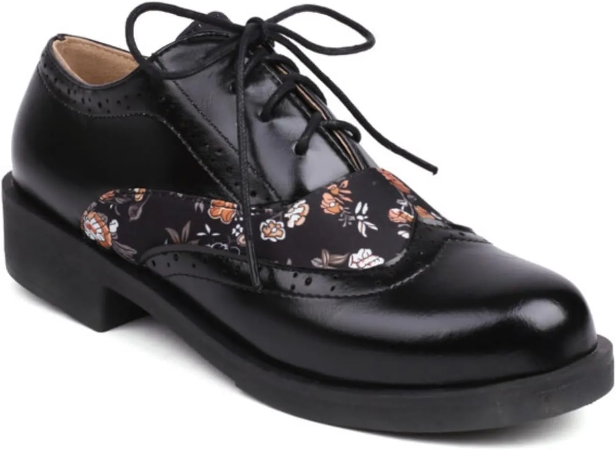 Women's Round Closed Toe Lace Up Low Block Chunky Heel Oxfords Fashion Roses Patchwork Wedding Evening Party Prom Dress Shoes