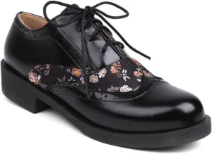 Women's Round Closed Toe Lace Up Low Block Chunky Heel Oxfords Fashion Roses Patchwork Wedding Evening Party Prom Dress Shoes
