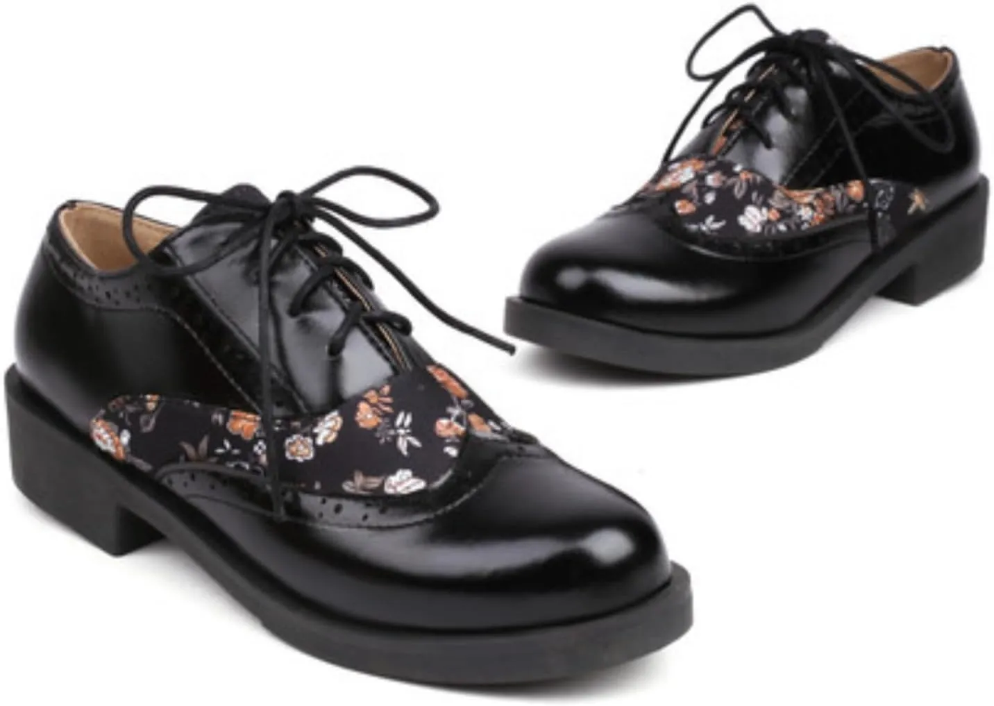 Women's Round Closed Toe Lace Up Low Block Chunky Heel Oxfords Fashion Roses Patchwork Wedding Evening Party Prom Dress Shoes