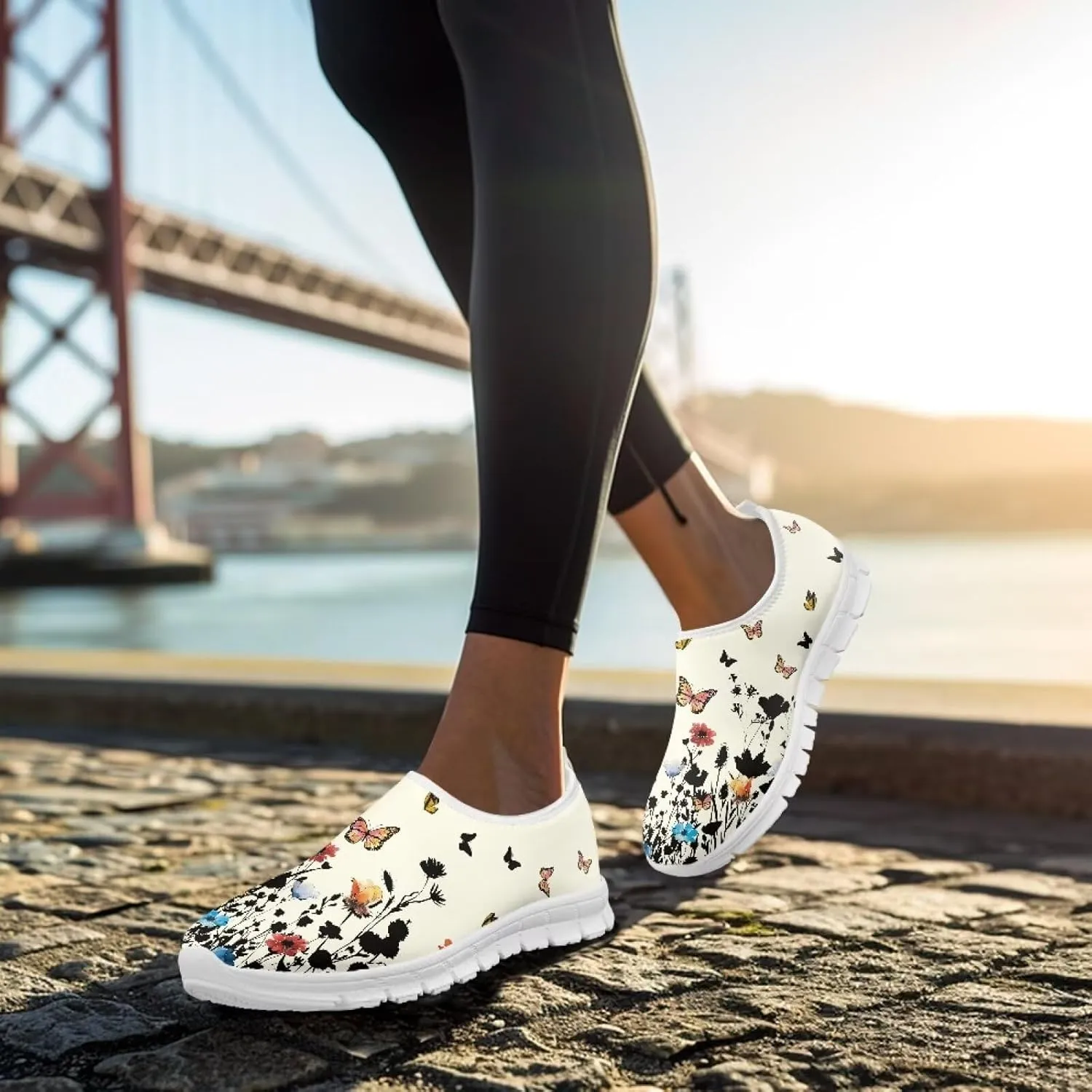 Women's Running Sneakers Flowers Low Top Casual Shoes Fashion Cute Breathable Lightweight Loafers with Arch Support for Athletic Size 5.5-11.5 White Sole