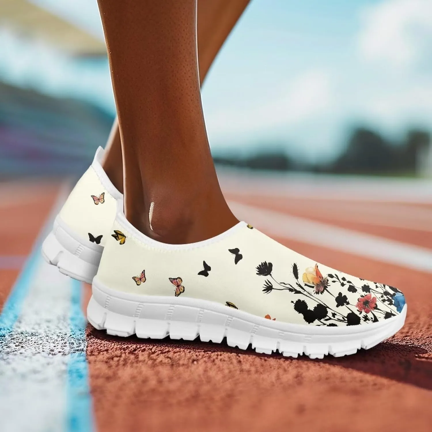 Women's Running Sneakers Flowers Low Top Casual Shoes Fashion Cute Breathable Lightweight Loafers with Arch Support for Athletic Size 5.5-11.5 White Sole
