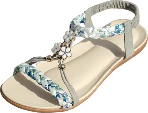 Womens Sandals Dressy Open Toe Beach Flats For Women Woven Elastic Strap Casual Bohemian Summer Dress Flat Shoes