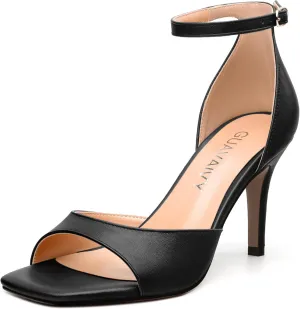 Women's Sandals, High Stilettos Open Square Toe, Ankle Strap Solid Fashion Dress Shoes, Wedding Party Heeled Sandals