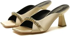 Women's Satin Square Open Toe Kitten Heel Slides Sandals Fashion Rhinestone Slip On Lightweight Low Heel Sandals Comfortable Evening Party Party Dress Mules Pumps