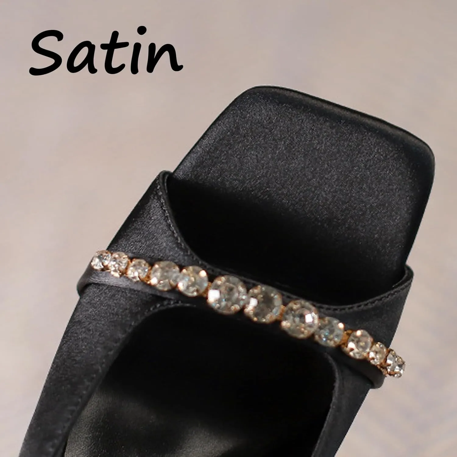 Women's Satin Square Open Toe Kitten Heel Slides Sandals Fashion Rhinestone Slip On Lightweight Low Heel Sandals Comfortable Evening Party Party Dress Mules Pumps
