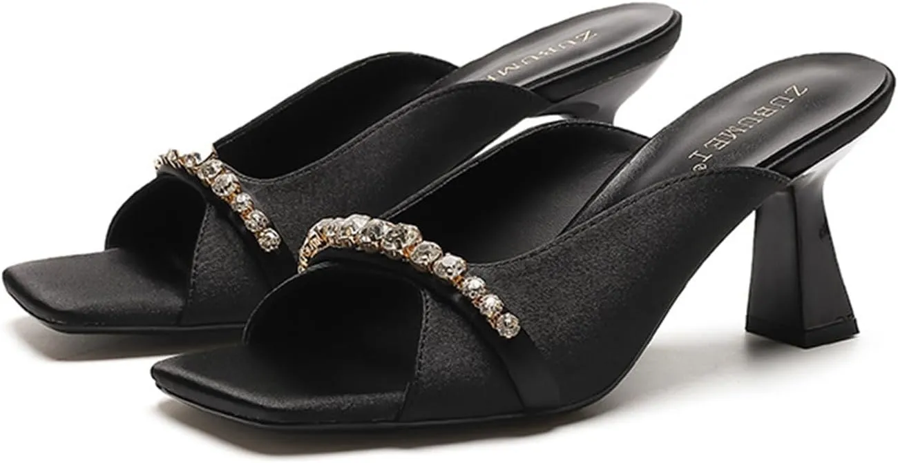 Women's Satin Square Open Toe Kitten Heel Slides Sandals Fashion Rhinestone Slip On Lightweight Low Heel Sandals Comfortable Evening Party Party Dress Mules Pumps