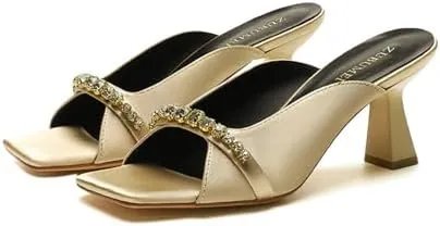 Women's Satin Square Open Toe Kitten Heel Slides Sandals Fashion Rhinestone Slip On Lightweight Low Heel Sandals Comfortable Evening Party Party Dress Mules Pumps