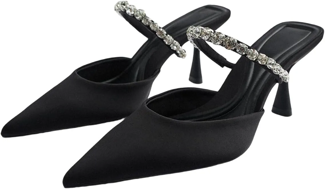 Women's Satin Stiletto Heel Mules Crystal Tipped Straps Pointed Toe Perfect for Party Wedding or Evening Dress Occasions Shoes for Women