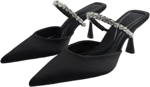 Women's Satin Stiletto Heel Mules Crystal Tipped Straps Pointed Toe Perfect for Party Wedding or Evening Dress Occasions Shoes for Women
