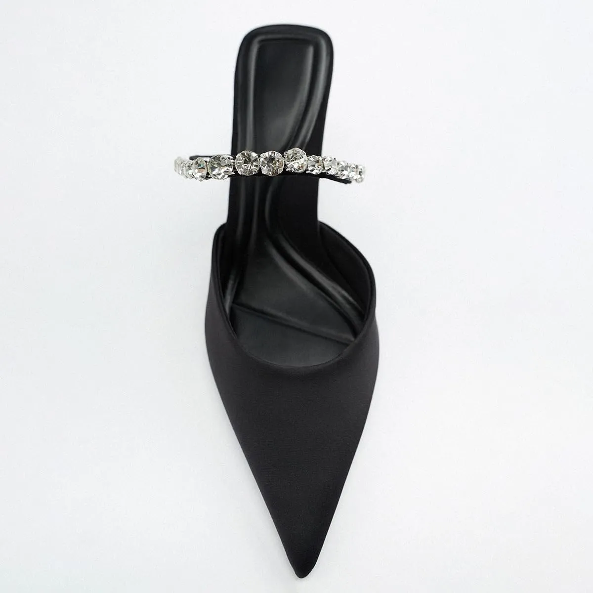 Women's Satin Stiletto Heel Mules Crystal Tipped Straps Pointed Toe Perfect for Party Wedding or Evening Dress Occasions Shoes for Women