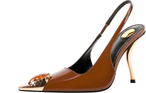 Women's Slingback Stiletto High Heels Crystal Metallic Closed Pointed Toe Pumps Patent Leather Slip on Elastic Strap Heeled Sandals Fashion Party Dress Shoes for Women(Brown,11)