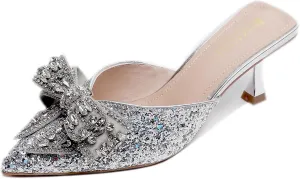 Women's Sparkling Rhinestone Bow Kitten Heel Mules Fashion Closed Pointed Toe Slip On low heel Backless slingback slides Sandals for Wedding Bridal Party Dress